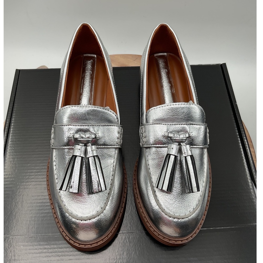 Franco Sarto Womens Metallic Silver Tassel Loafers Low Block Heel Slip On Shoes